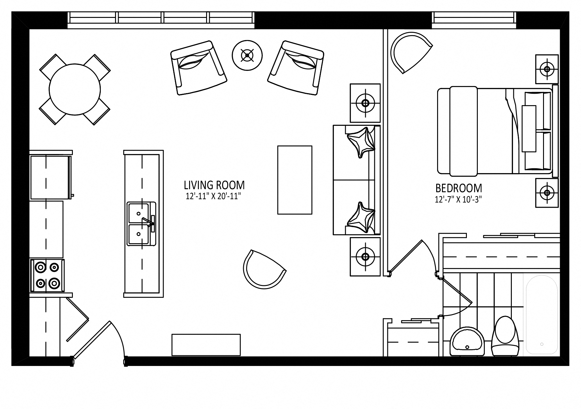 Floor plan for 1 bed, 1 bath, 687 sqft